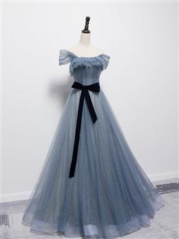 Picture of Grey-Blue Tulle Off Shoulder Long Party Dresses with Bow, A-line Floor Length Formal Dresses